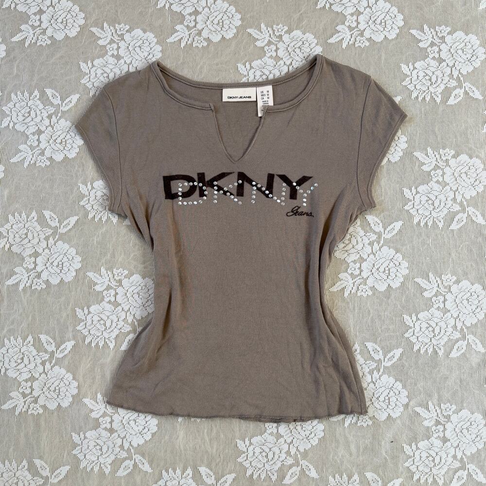 Vintage Y2K DKNY Jeans Rhinestone Logo Top Size M